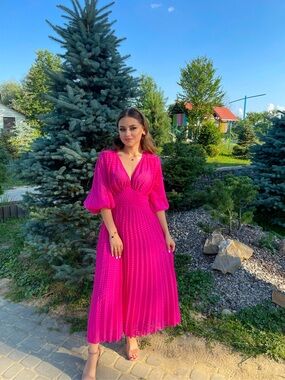 ASOS Bright Fuchsia Pleated V-Neck Midi Dress